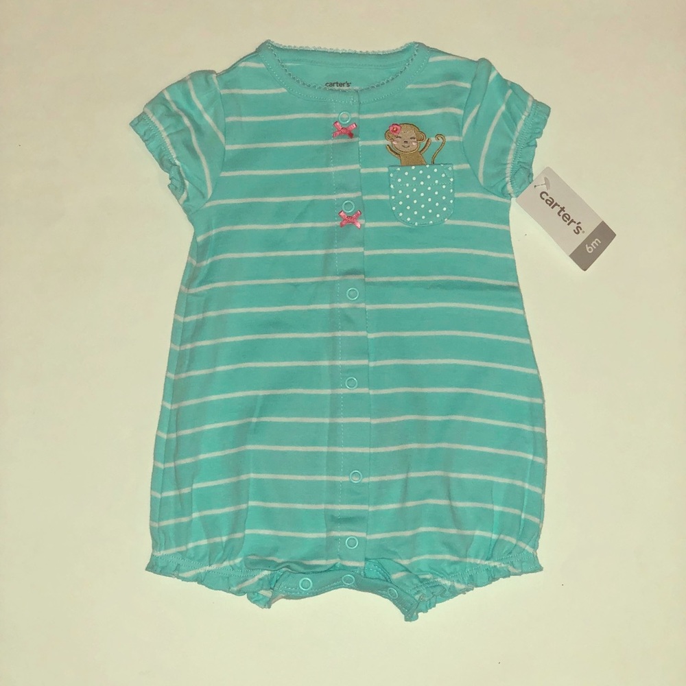 Size 6mon teal romper with white stripes